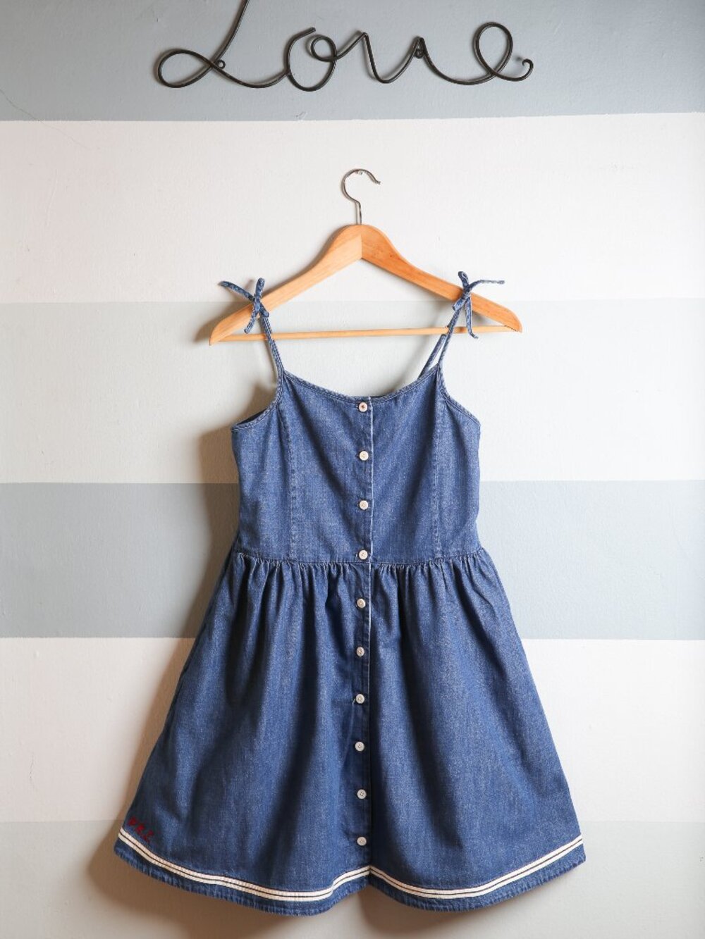 POLO RALPH LAUREN Embroidered Monogram 100% Cotton Denim Sundress with Bow Ties